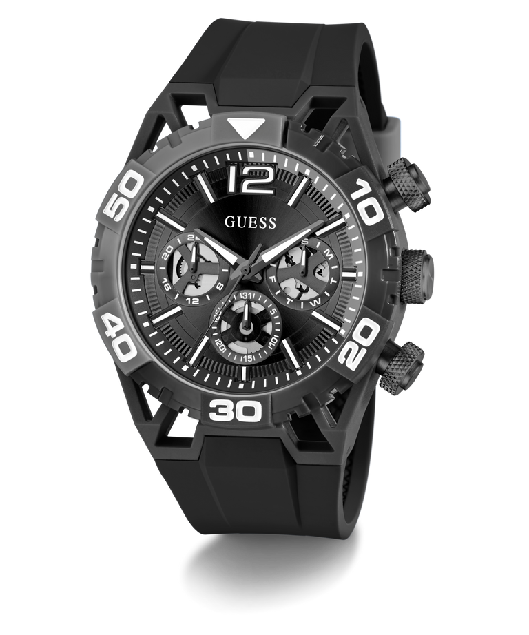 GUESS Mens Black Multi-function Watch with detailed face on a white background