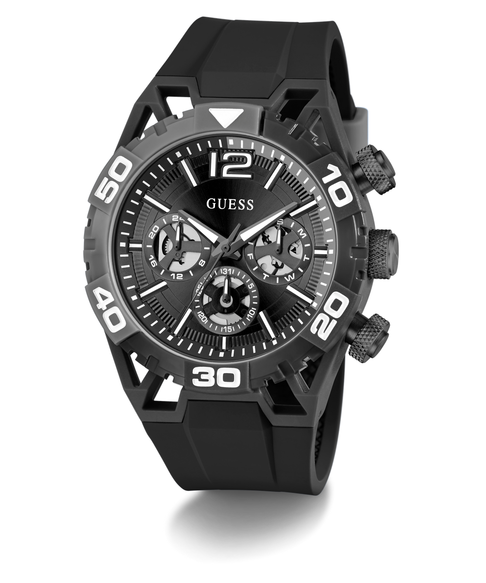 GUESS Mens Black Multi-function Watch with detailed face on a white background
