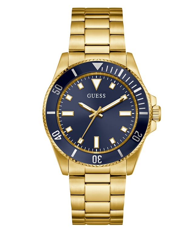 Gold GUESS Mens Gold Tone Analog Watch with a blue dial on a white background