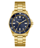 Gold GUESS Mens Gold Tone Analog Watch with a blue dial on a white background