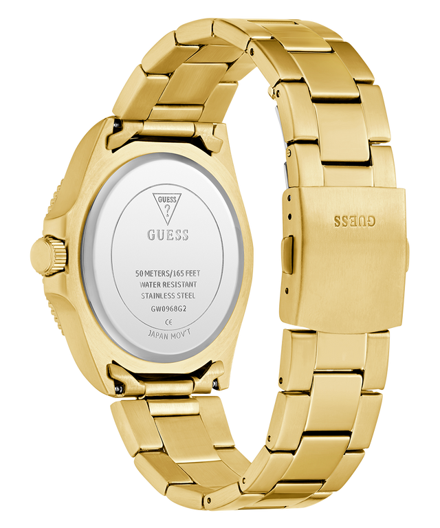 Gold GUESS Mens Gold Tone Analog Watch with visible brand logo on a white background