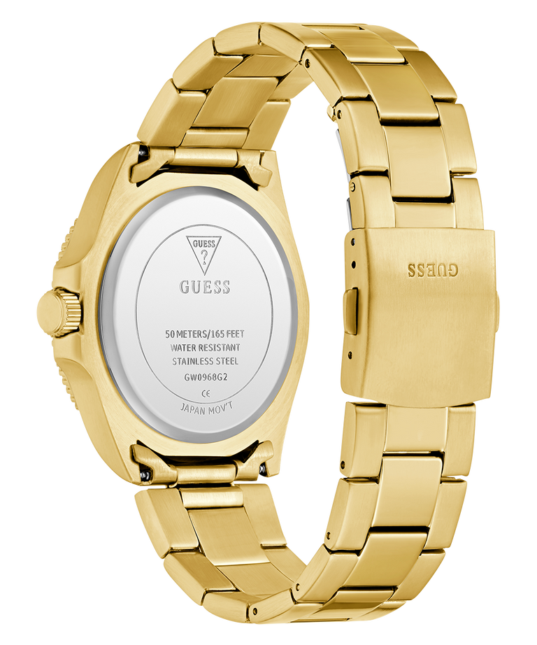 Gold GUESS Mens Gold Tone Analog Watch with visible brand logo on a white background