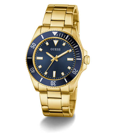 GUESS Mens Gold Tone Analog Watch with a blue dial on a white background