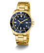 GUESS Mens Gold Tone Analog Watch with a blue dial on a white background