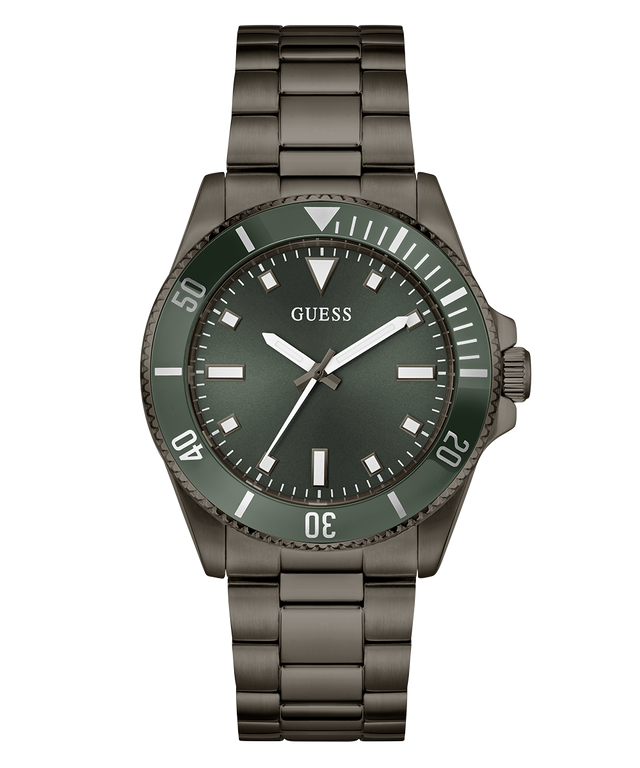 GUESS Mens Gunmetal Analog Watch with green dial and brown metal strap on a white background