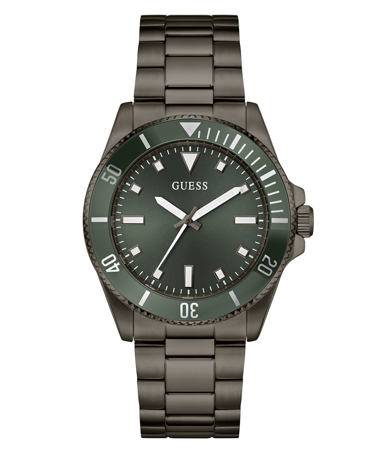 GUESS Mens Gunmetal Analog Watch with green dial and brown metal strap on a white background