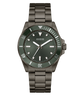 GUESS Mens Gunmetal Analog Watch with green dial and brown metal strap on a white background