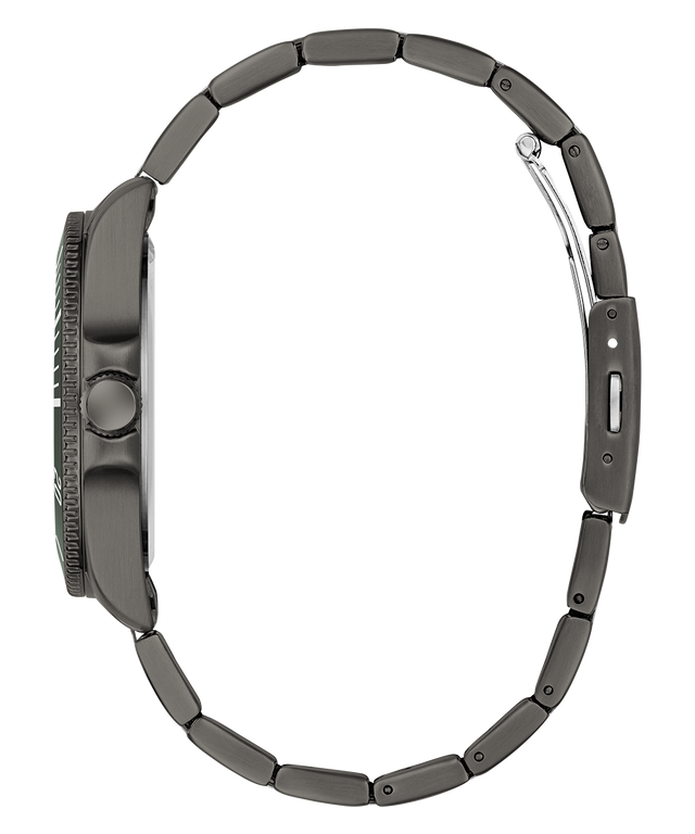 side of GUESS Mens Gunmetal Analog Watch of a black watch strap on a white background