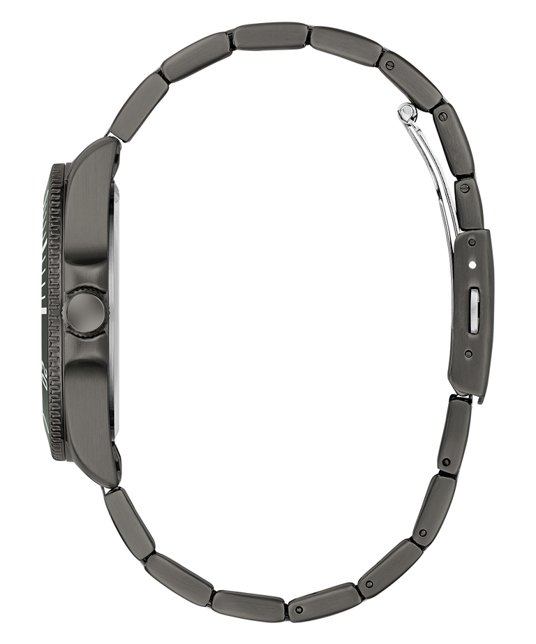 side of GUESS Mens Gunmetal Analog Watch of a black watch strap on a white background