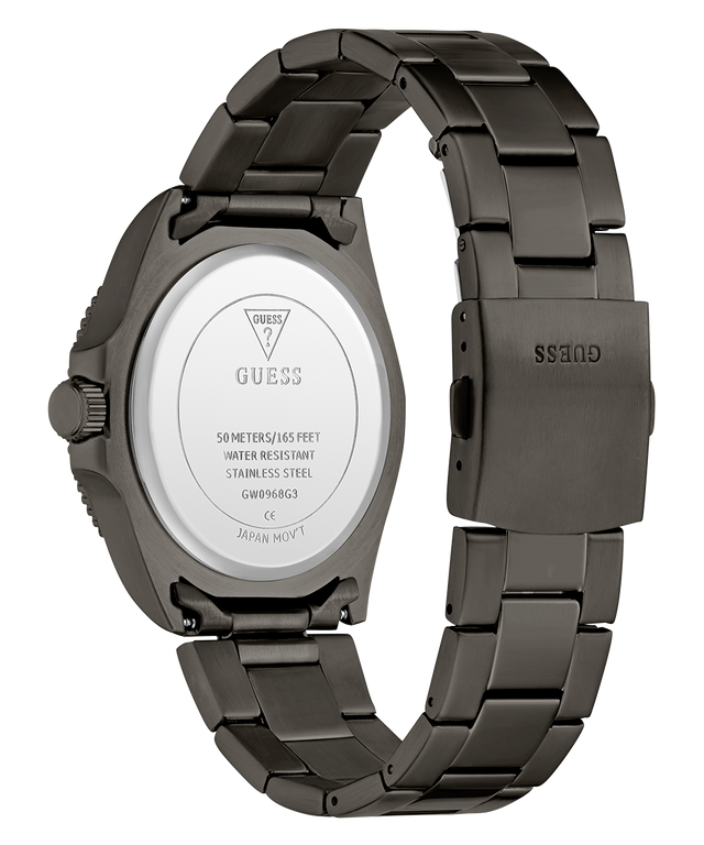 GUESS Mens Gunmetal Analog Watch with visible brand logo on a white background