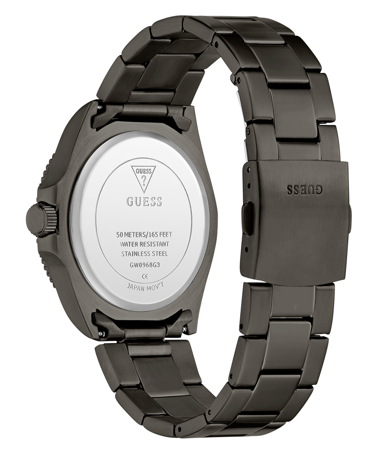 GUESS Mens Gunmetal Analog Watch with visible brand logo on a white background