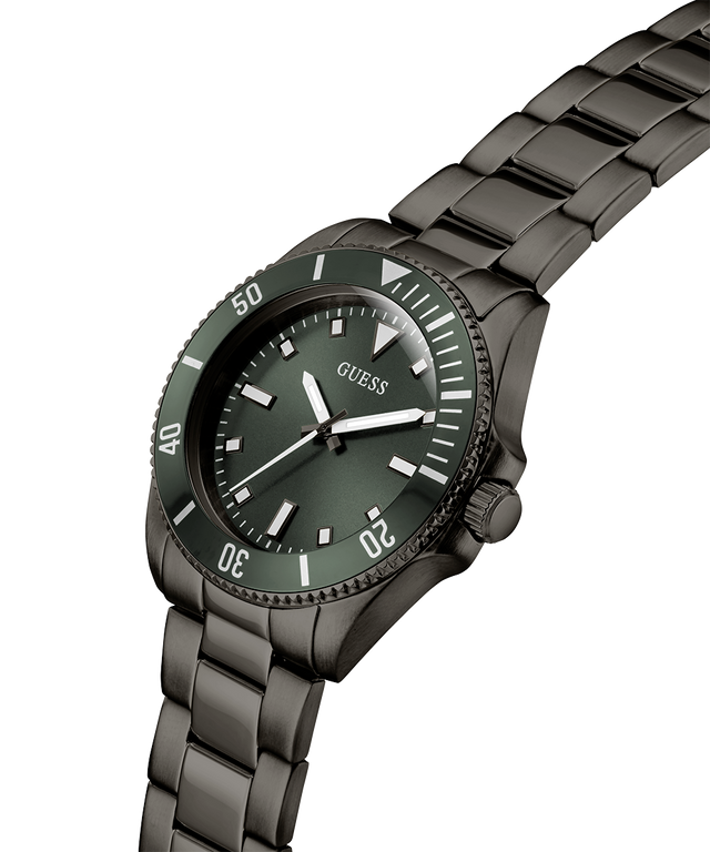 Black wristwatch with a metallic band on a white background lifestyle