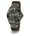 GUESS Mens Gunmetal Analog Watch with dark green face and metallic band on a white background