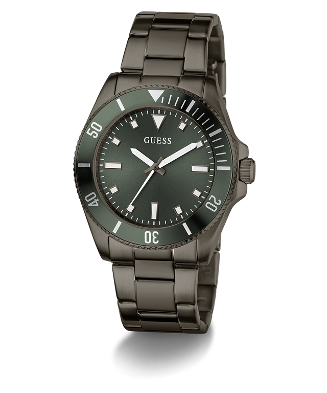 GUESS Mens Gunmetal Analog Watch with dark green face and metallic band on a white background