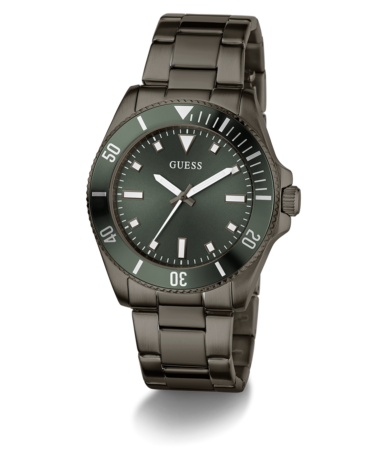 GUESS Mens Gunmetal Analog Watch with dark green face and metallic band on a white background