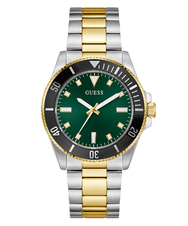 GUESS Mens 2-Tone Analog Watch with green dial and gold accents on a white background