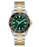 GUESS Mens 2-Tone Analog Watch with green dial and gold accents on a white background