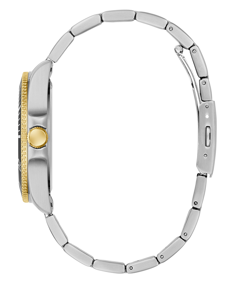 Back of GUESS Mens 2-Tone Analog Watch with a silver and gold band on a white background