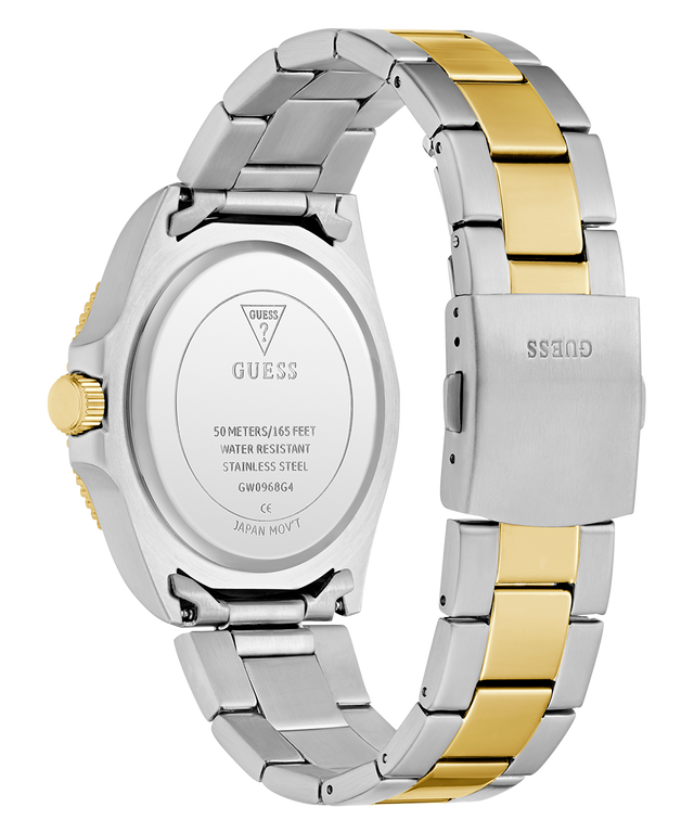 GUESS Mens 2-Tone Analog Watch caseback with visible brand logo on a white background