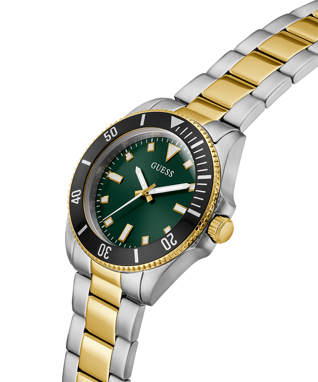 Two-tone silver and gold watch with a green dial on a white background lifestyle