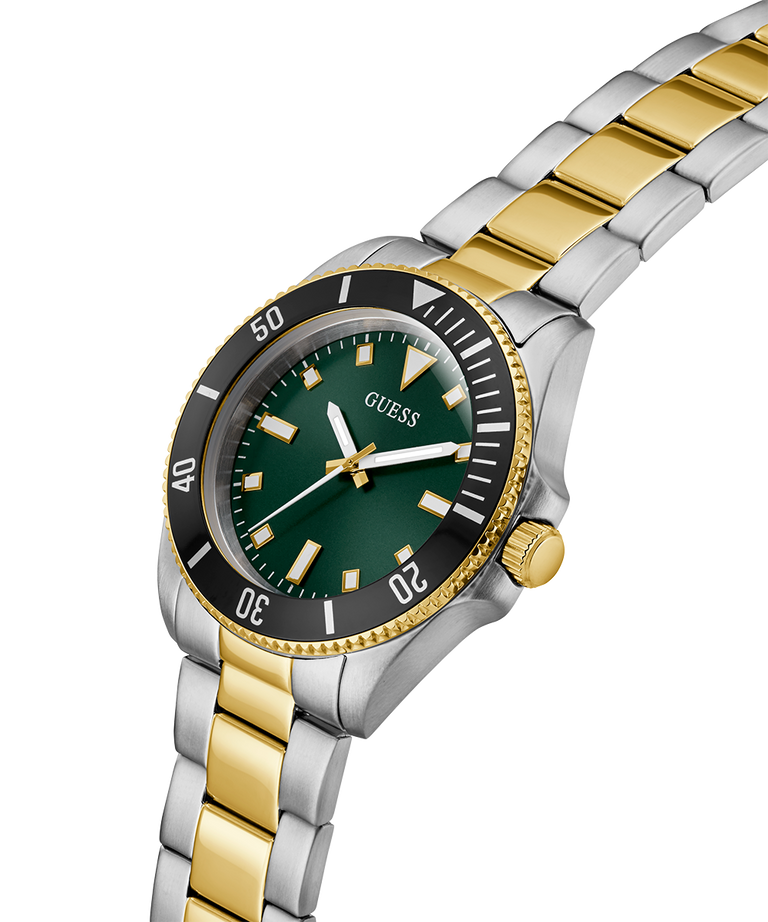 Two-tone silver and gold watch with a green dial on a white background lifestyle