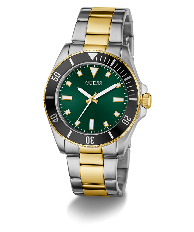 GUESS Mens 2-Tone Analog Watch with green dial on a white background
