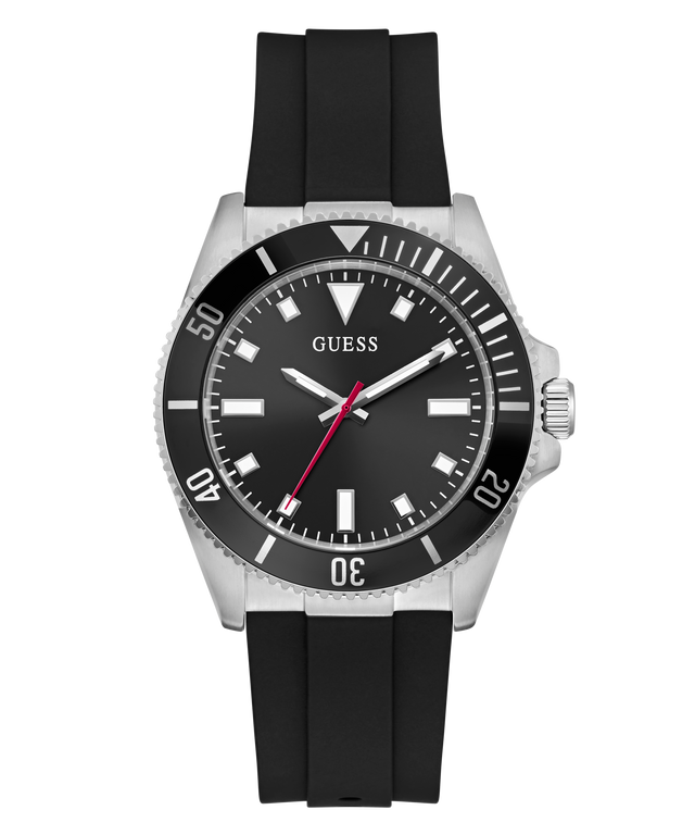 GUESS Mens Black Silver Tone Analog Watch with a black strap on a white background