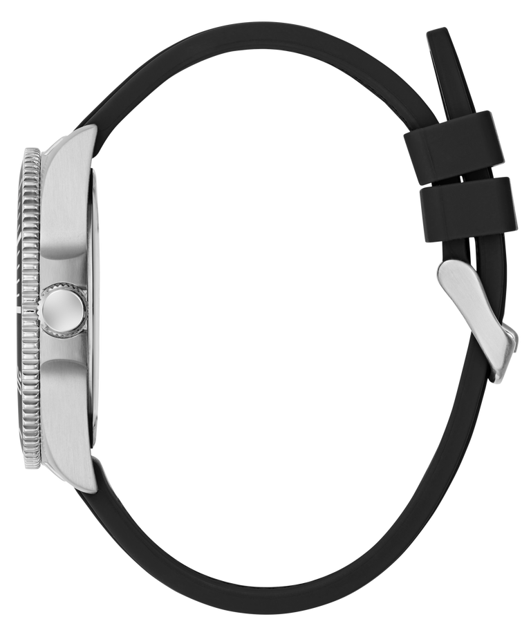 Close-up of a GUESS Mens Black Silver Tone Analog Watch with a black strap and silver case on a white background