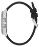 Close-up of a GUESS Mens Black Silver Tone Analog Watch with a black strap and silver case on a white background