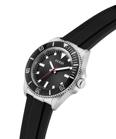 Black watch with a silver bezel and black strap on a white background lifestyle
