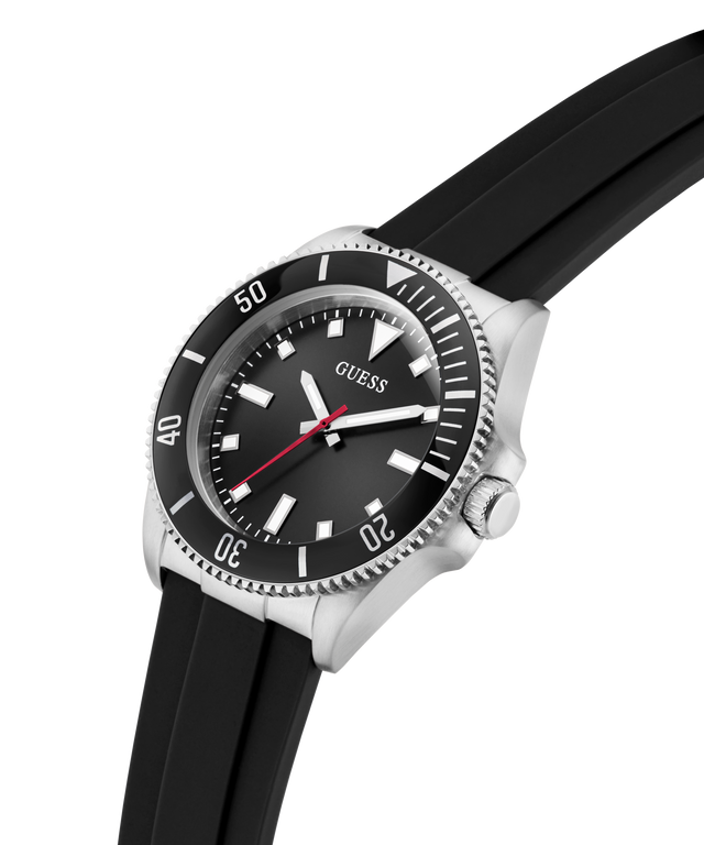 Black watch with a silver bezel and black strap on a white background lifestyle