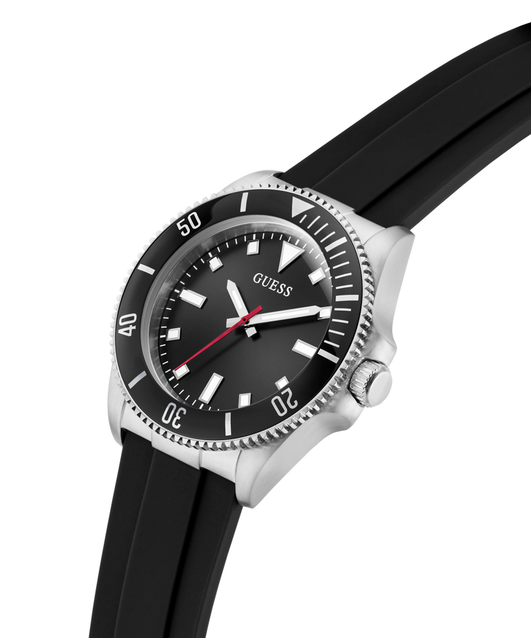 Black watch with a silver bezel and black strap on a white background lifestyle
