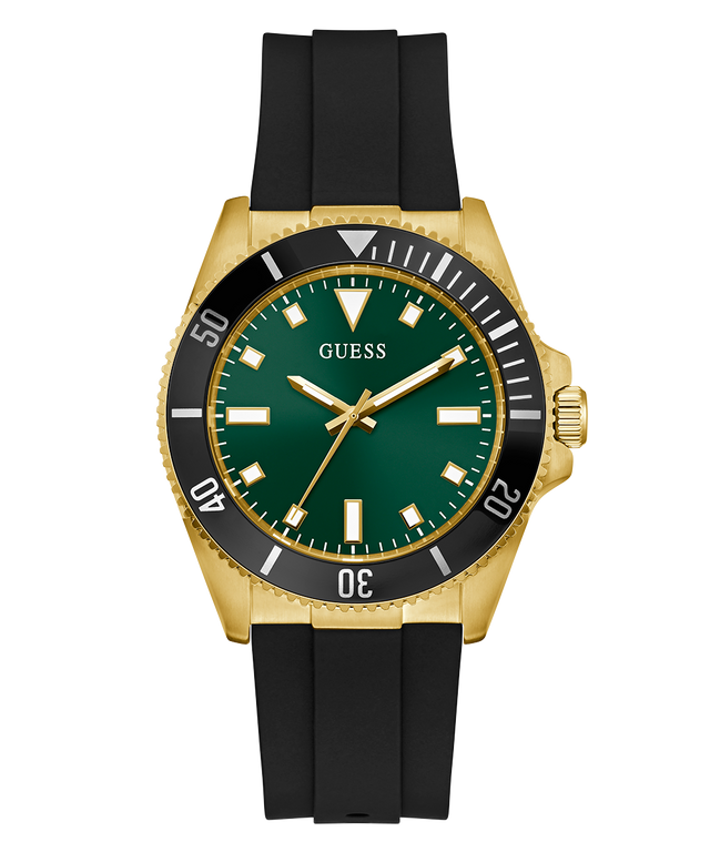 GUESS Mens Black Gold Tone Analog Watch with green dial, gold case, and black rubber strap on a white background