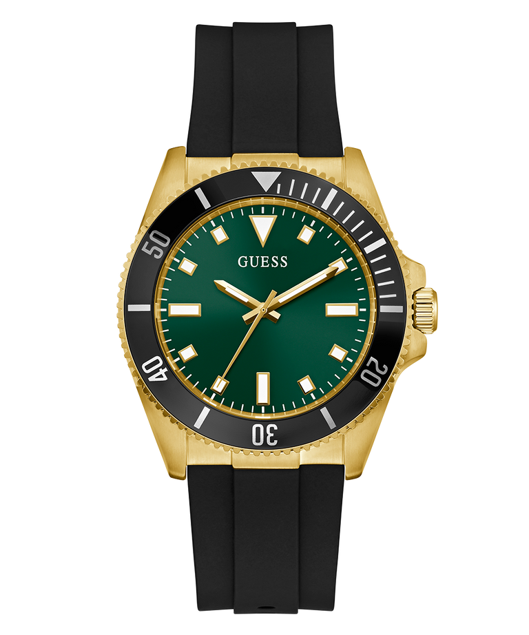 GUESS Mens Black Gold Tone Analog Watch with green dial, gold case, and black rubber strap on a white background