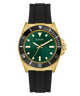 GUESS Mens Black Gold Tone Analog Watch with green dial, gold case, and black rubber strap on a white background