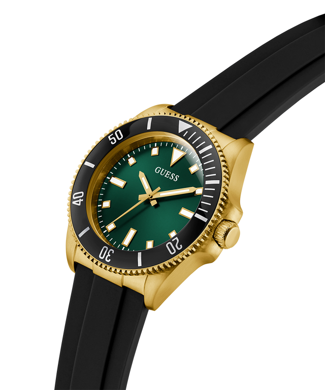 GUESS Mens Black Gold Tone Analog Watch with green dial, gold case, and black strap on a white background lifestyle