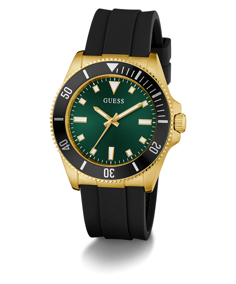 GUESS Mens Black Gold Tone Analog Watch with green dial, gold case, and black rubber strap on a white background