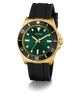 GUESS Mens Black Gold Tone Analog Watch with green dial, gold case, and black rubber strap on a white background