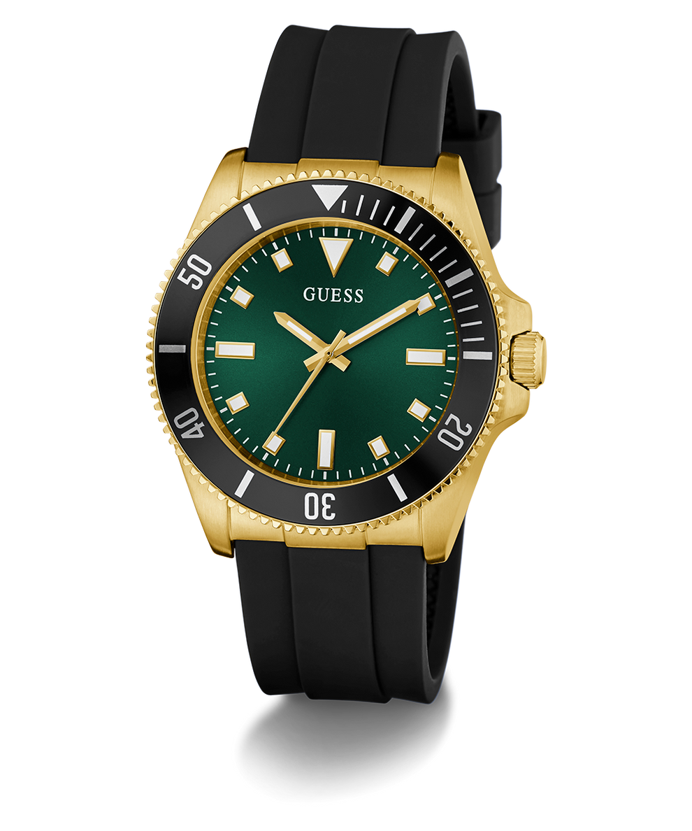 GUESS Mens Black Gold Tone Analog Watch with green dial, gold case, and black rubber strap on a white background