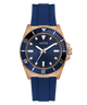 Blue watch with rose gold case and band on white background