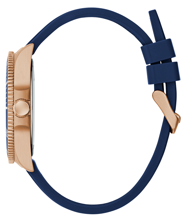Watch with a blue strap and rose gold case on a white background