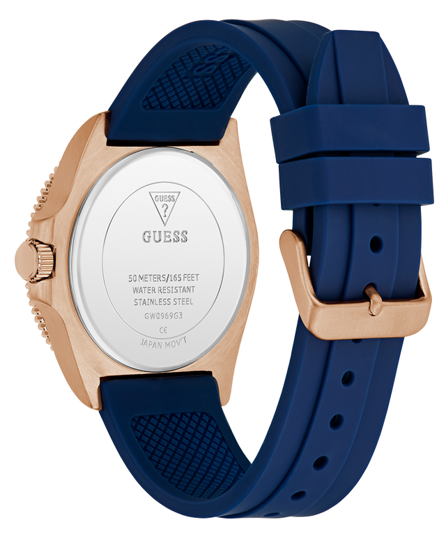 Guess watch with blue strap and rose gold case on white background GW0969G3