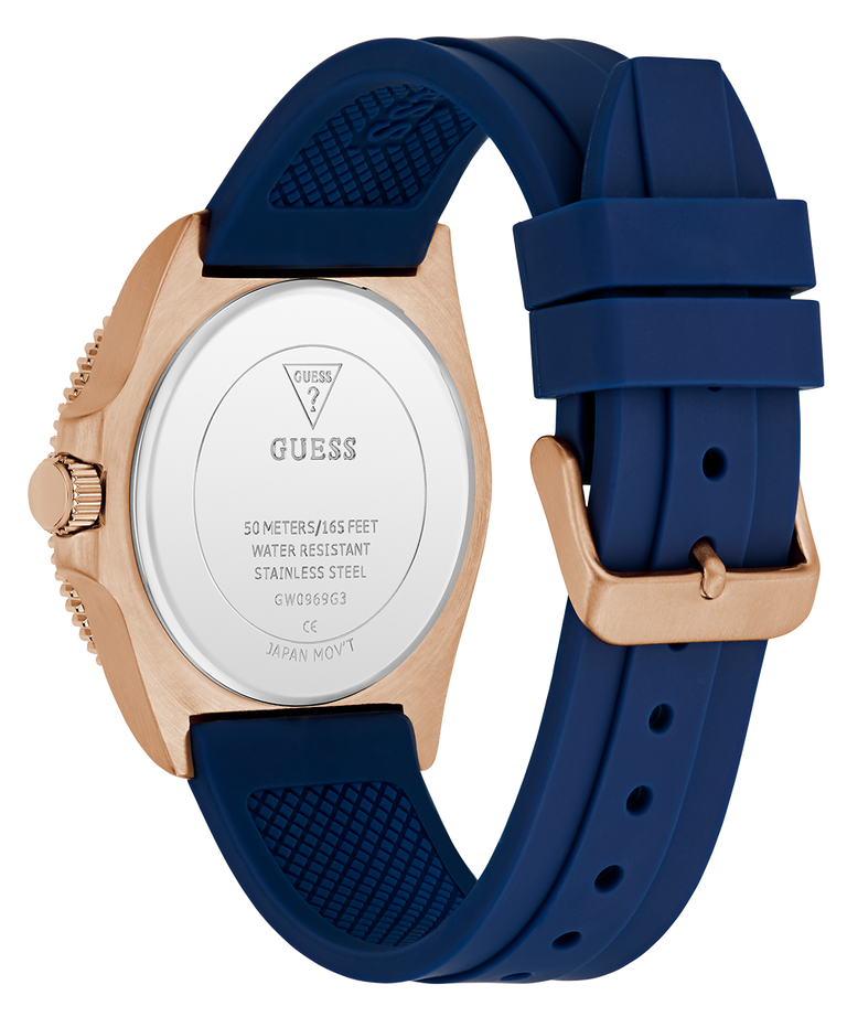 Guess watch with blue strap and rose gold case on white background GW0969G3