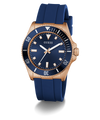 Blue watch with rose gold case on a white background GW0969G3