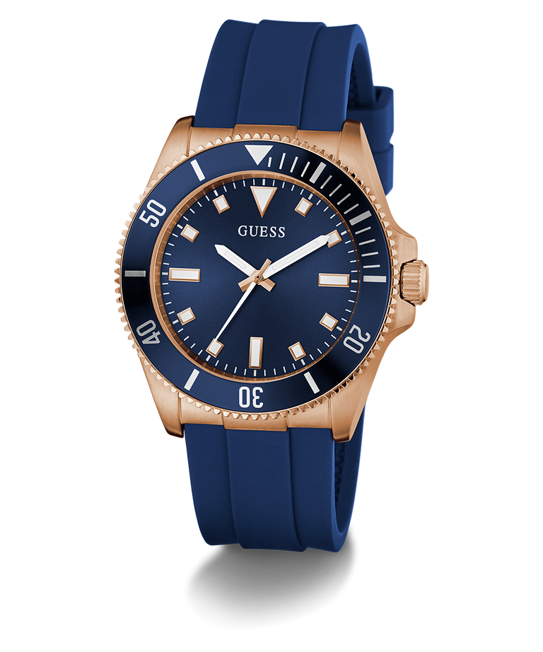 Blue watch with rose gold case on a white background GW0969G3