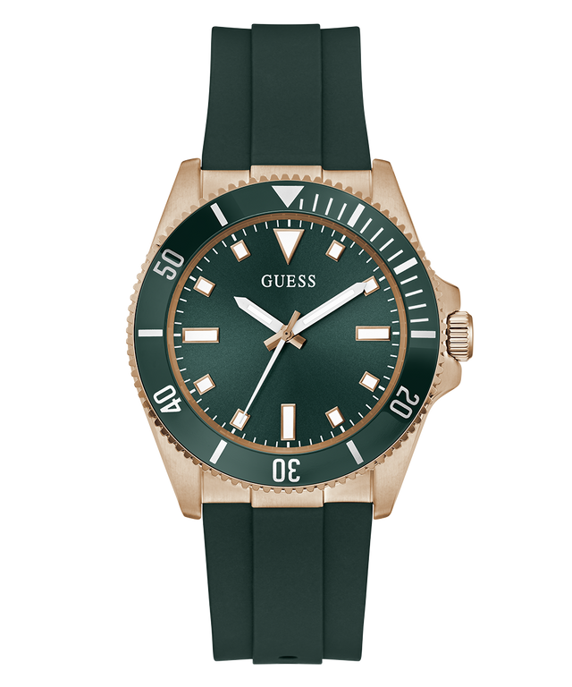 Green GUESS Mens Green Rose Gold Tone Analog Watch with rose gold accents on a white background