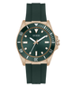 Green GUESS Mens Green Rose Gold Tone Analog Watch with rose gold accents on a white background