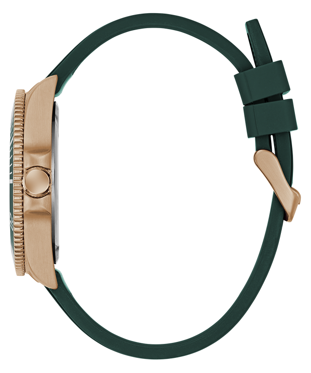 GUESS Mens Green Rose Gold Tone Analog Watch with green strap and rose gold case on a white background