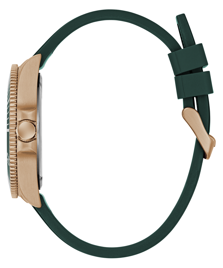 GUESS Mens Green Rose Gold Tone Analog Watch with green strap and rose gold case on a white background
