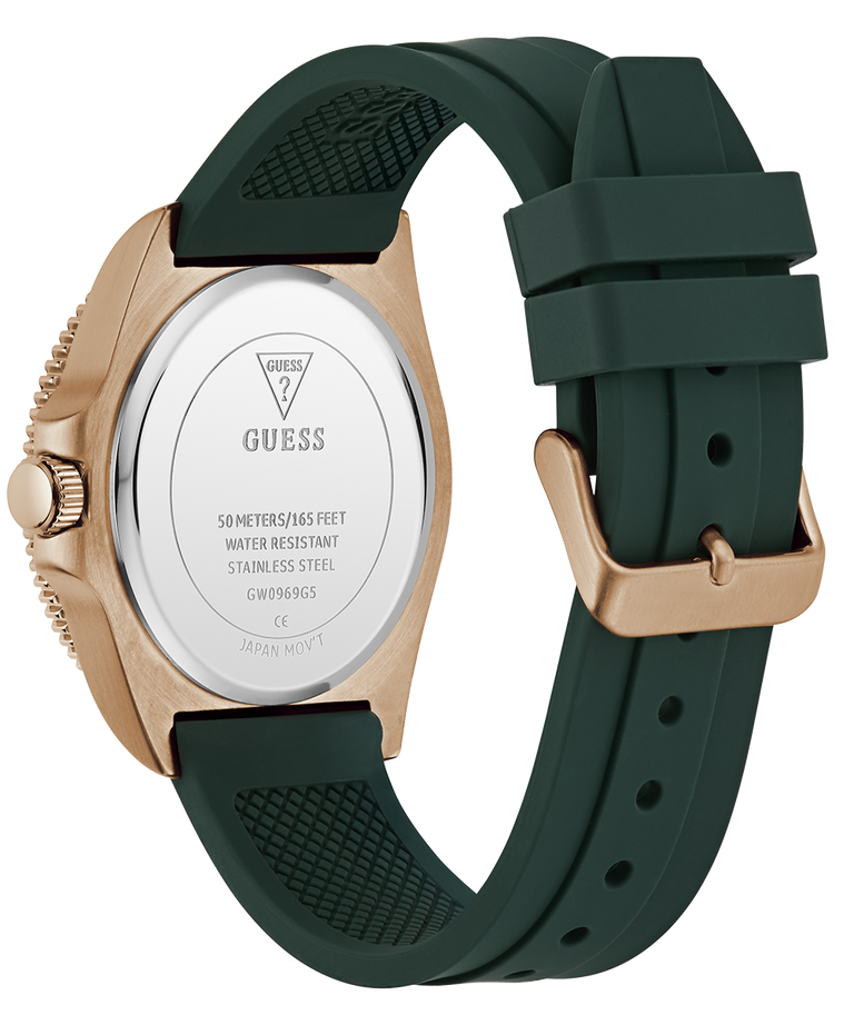 Green GUESS Mens Green Rose Gold Tone Analog Watch with rose gold case and strap on a white background